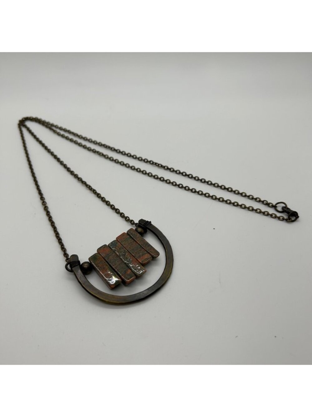 Unakite Jasper Necklace Hammered Coppertone Wire Wrap Brutalist Boho Statement